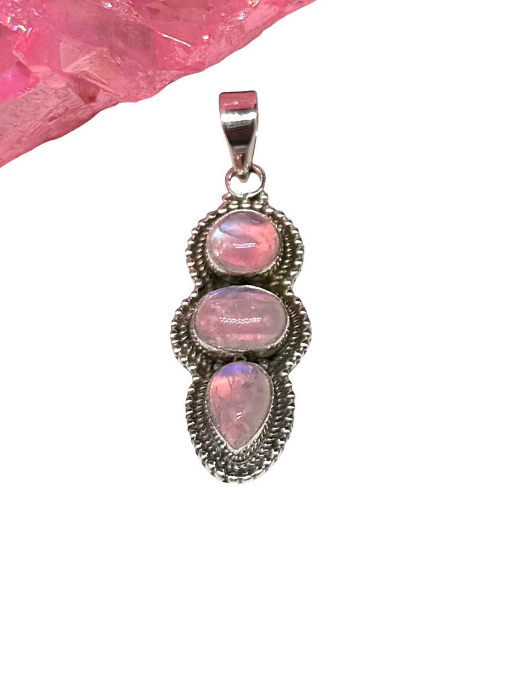 Pink Flash Rainbow Moonstone Necklace Pendant Solid 925 Sterling Silver